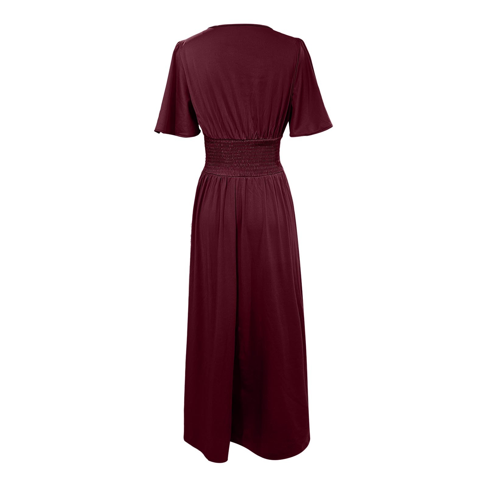 thumbnail image 4 of Vestido largo elegante de cuello en V y cintura alta para mujer: mangas plisadas, abertura lateral, fruncido, vestido de noche para bodas y fiestas., 4 of 5